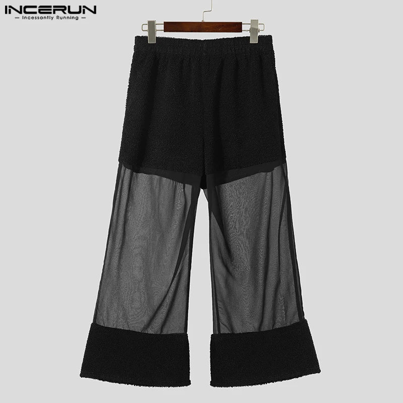 INCERUN 2024 Pantalon de style américain pour hommes, pantalon long en maille solide avec épissure en daim, pantalon transparent élégant et sexy S-5XL