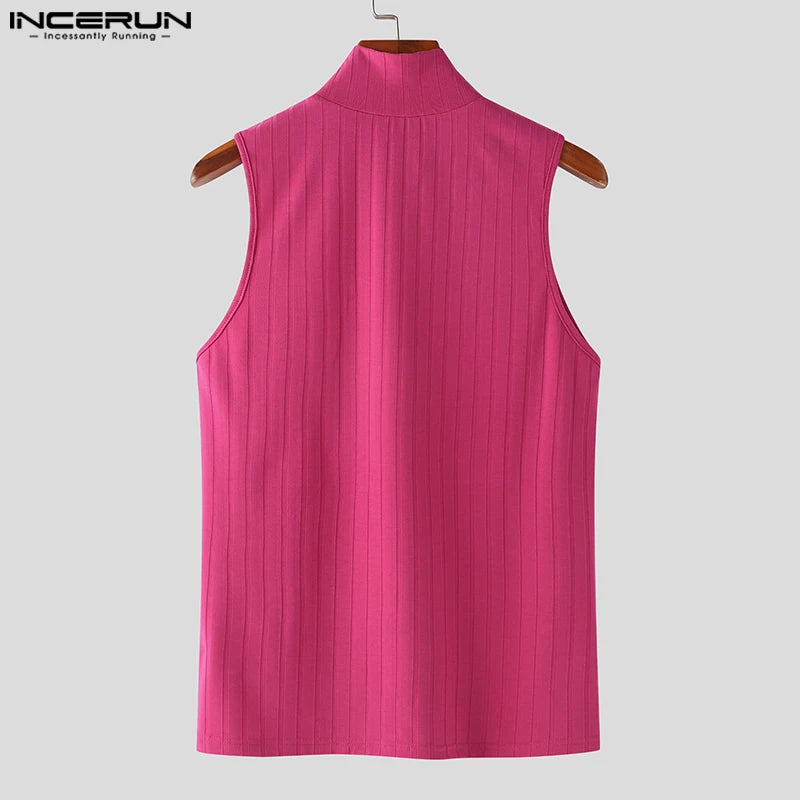 Fashion Well Fitting Tops INCERUN New Men's Simple Half High Collar Striped Vests Streetwear Male Fit Leeveless Tank Tops S-5XL