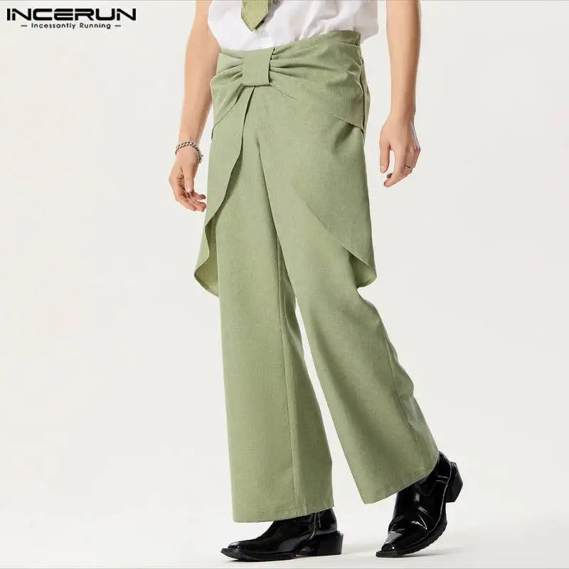 INCERUN 2024 American Style New Men Trousers Personalized Waist Design Long Pants Streetwear Leisure Solid Color Pantalons S-5XL