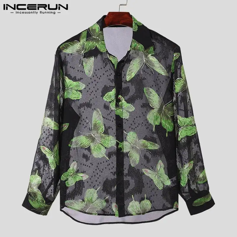 INCERUN Tops 2024 Korean Style Fashion Men's Funny Printed Pattern Shirt Casual Streetwear Perspective Long Sleeved Blouse S-5XL