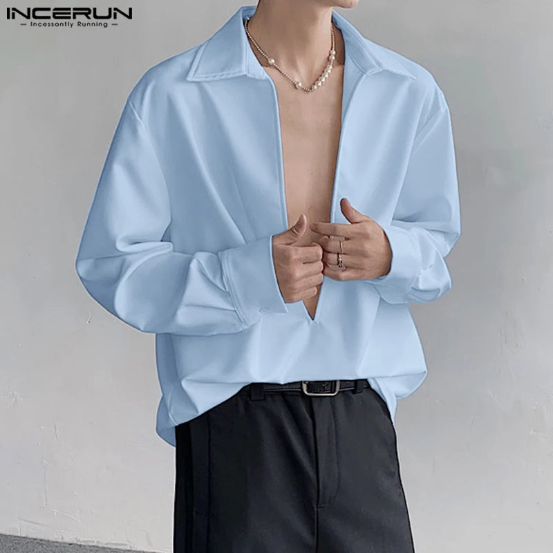 INCERUN Tops 2024 Korean Style Men Personality Large V-neck Shoulder Pad Design Shirts Solid All-match Long Sleeved Blouse S-5XL