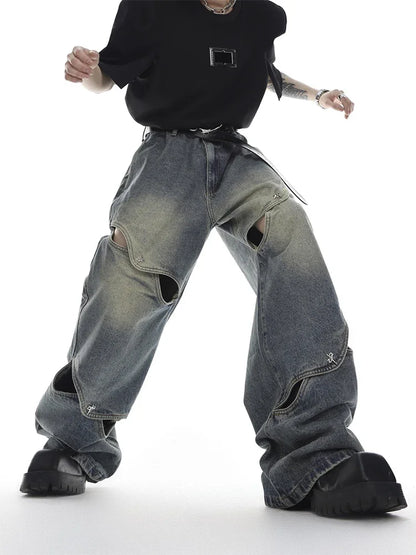 HOUZHOU Jeanshose mit weitem Bein für Herren, Streetwear, Baggy, Distressed-Denim, Übergröße, ausgehöhlt, lässig, koreanischer Hip-Hop