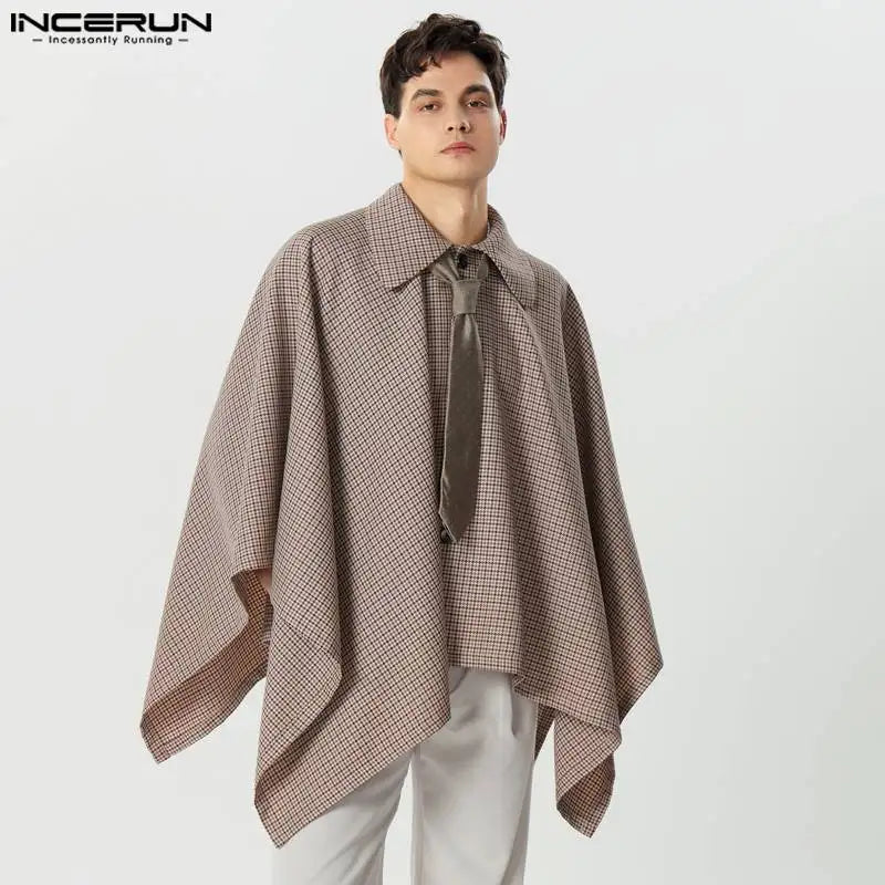 Fashion Casual Style Tops INCERUN Handsome Men Plaid Silhouette Sloping Placket Trench Streetwear Male Loose Lapel Cape One Size