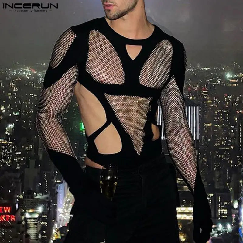 Männer Bodys Mesh Patchwork Transparente Handschuhe 2023 Aushöhlen Strampler Männliche T-Shirts Oansatz Langarm Body S-5XL INCERUN