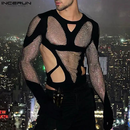 Männer Bodys Mesh Patchwork Transparente Handschuhe 2023 Aushöhlen Strampler Männliche T-Shirts Oansatz Langarm Body S-5XL INCERUN