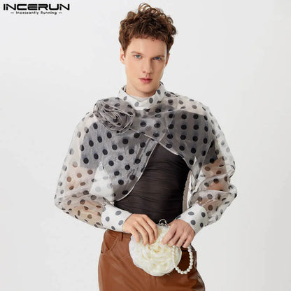 Fashion Sexy Style Tops INCERUN Men Chiffon Polka Dot Cropped Cross T-shirts Casual Streetwear Male Thin Long Sleeved Tees S-5XL