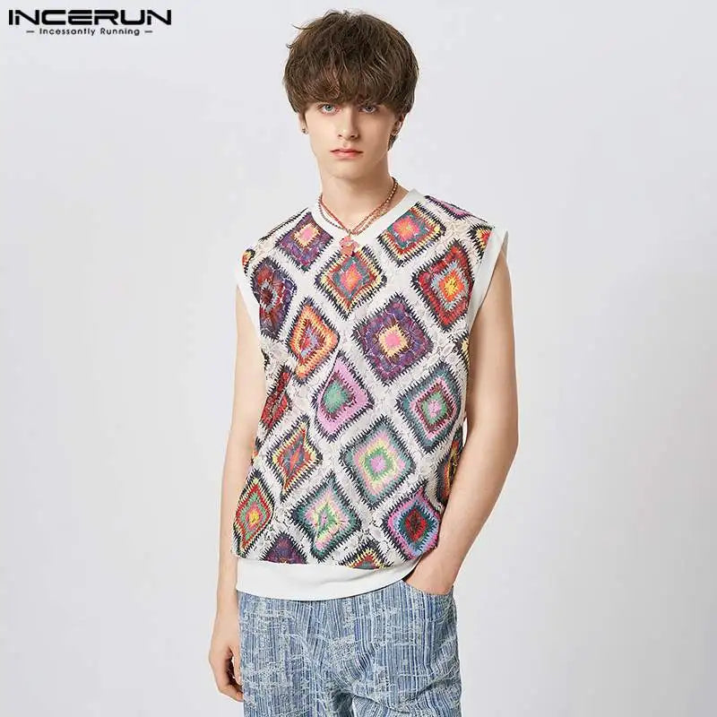 INCERUN 2023 Men Tank Tops Lace V Neck Sleeveless Printing See Through Summer Sexy Vests Streetwear Vacation Casual Men Clothing