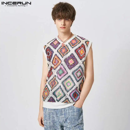 INCERUN 2023 Men Tank Tops Lace V Neck Sleeveless Printing See Through Summer Sexy Vests Streetwear Vacation Casual Men Clothing