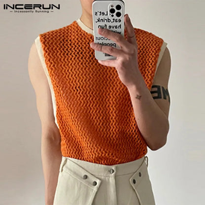 2023 Men Tank Tops Patchwork Mesh Transparent Lace Streetwear O-neck Sleeveless Vests Sexy Fashion Men Clothing S-5XL INCERUN 7