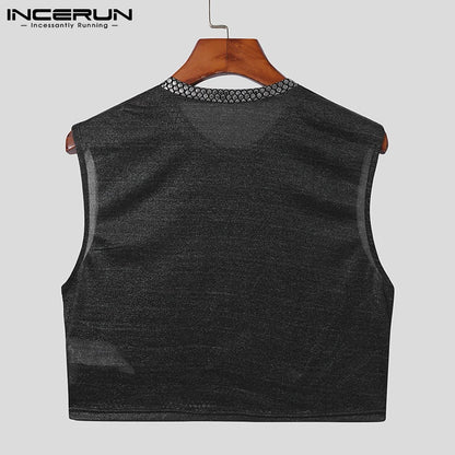 Fashion Casual Men's Waistcoat Sleeveless Silver Comfortable Tank Tops Stylish Male Party Nightclub Style Crop INCERUN Tops 2024