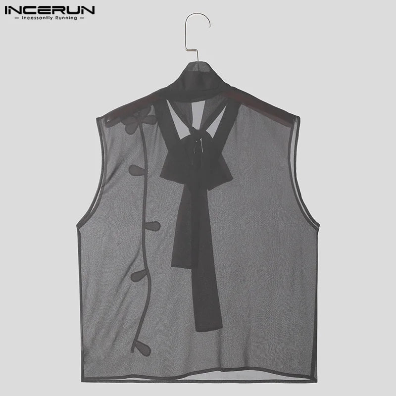 INCERUN Tops 2024 American Style Handsome Men Ribbon Design Vests Stylish Splicing Floral See-through Sleeveless Tank Tops S-5XL