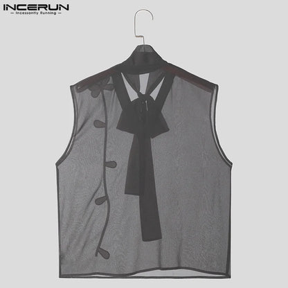 INCERUN Tops 2024 Style américain Beau Hommes Ruban Design Gilets Élégant Épissage Floral Transparent Sans Manches Débardeurs S-5XL