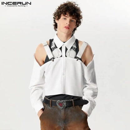 INCERUN Tops 2024 American Style New Men's Hollow Design Cropped Shirts Fashion Party Shows Male Solid Long Sleeved Blouse S-5XL