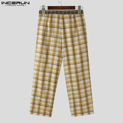 INCERUN 2024 American Style Trousers New Men Plaid Patchwork Long Pants Fashion Elegant Male Hot Sale Streetwear Pantalons S-5XL