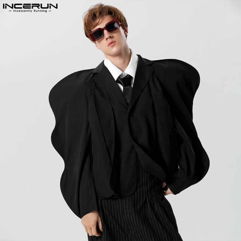 INCERUN Tops 2023 American Style Fashion Men's Collarless Design Flounce Blazer Casual Irregular Long Sleeved Suit Jackets S-5XL