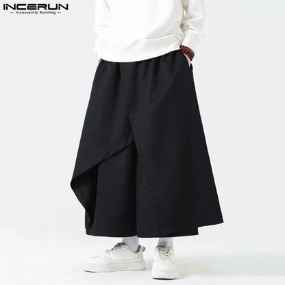 INCERUN 2024 Korean Style Fashion Men Long Pant Patchwork Design Solid Loose Trousers Casual Streetwear Wide Leg Pantalons S-5XL