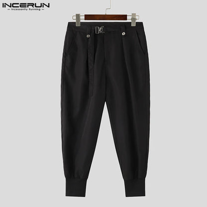 INCERUN 2024 Korean Style Trousers New Mens Solid Comfortable Pantalons Casual Streetwear Lace Up Clothes Cargo Long Pants S-5XL