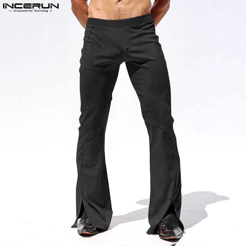 INCERUN 2024 American Style Trousers Stylish Men's Suede Split Pants Leisure Streetwear Personality Solid Color Pantalons S-5XL