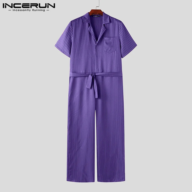 INCERUN 2024 American Style Stylish Men Suit Collar Design Rompers Summer Leisure Solid Striped Tie Short Sleeved Jumpsuit S-5XL