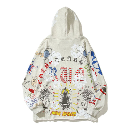 Harajuku Retro Kapok Graffit Casual Hooded Hoodies Men and Women Streetwear Oversized Terry Sweatshirts Loose Hip Hop Hoody