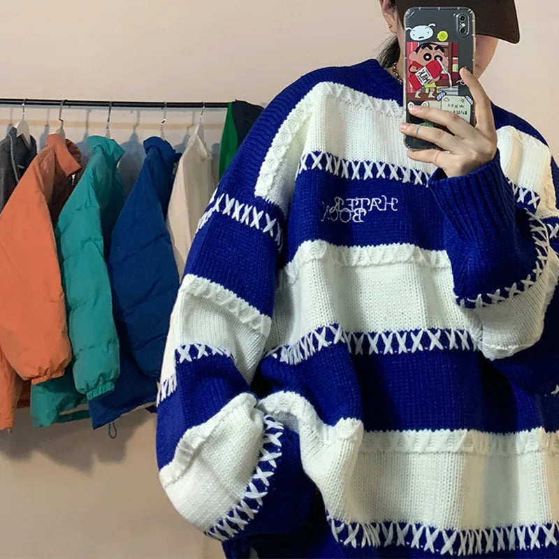 HOUZHOU Patchwork Striped Men's Knitted Sweater Blue Pullovers Punk Black Sweaters Male Oversize Korean Streetwear Hip Hop