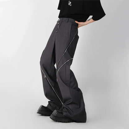 HOUZHOU Design Zipper Slit Men Trousers Techwear Straight Tube Casual Black Pants Wide Leg Darkwear Male Streetwear Hip  Hop