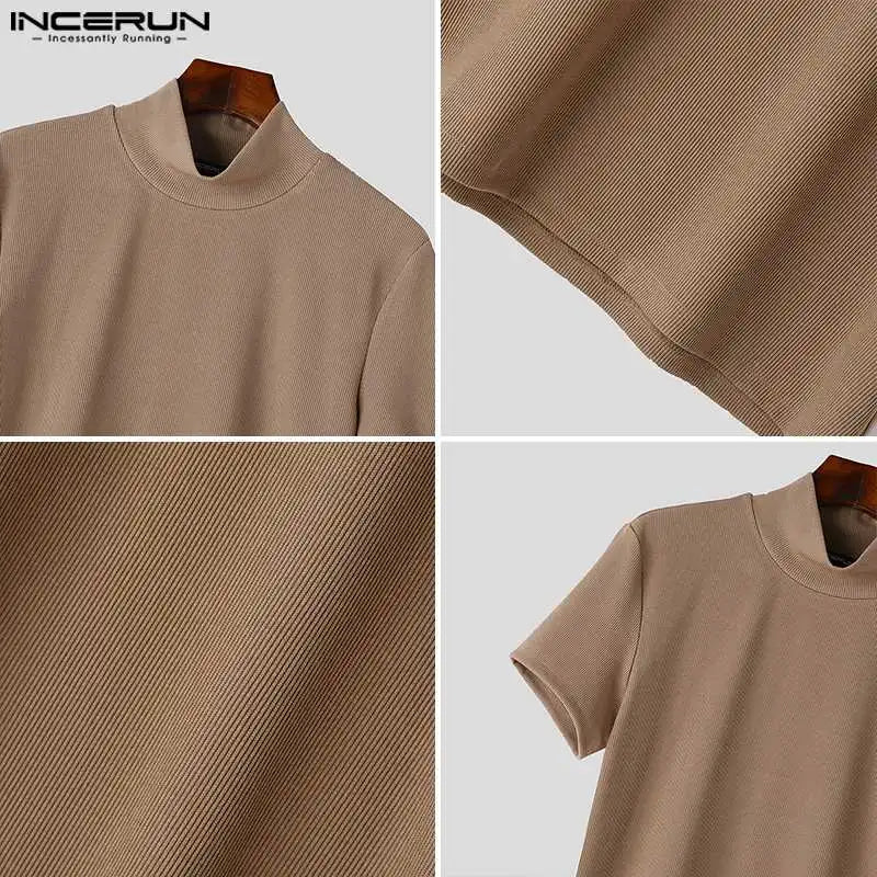 INCERUN Tops 2024 Korean Style Men's Simple Striped Half High neck T-shirt Summer Casual Male Solid Short Sleeved Camiseta S-5XL