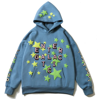 High Street Letter Foam Stars Print Fleece-Kapuzenpullover für Herren und Damen im Retro-Stil für Herbst und Winter, lässiger Pullover mit Kapuze