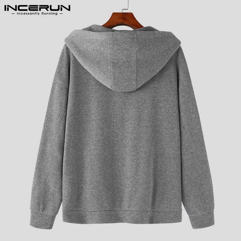 INCERUN Tops 2023 Korean Style Mens Solid Loose Fitting Hooded Button Design Sweater Casual All-match Hot Sale Sweatshirts S-5XL