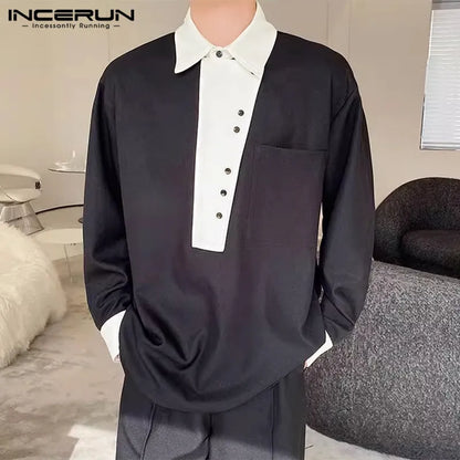 INCERUN Tops 2024 Korean Style Mens Collar Contrasting Color Pullover Shirts Leisure Personality Loose Long Sleeved Blouse S-5XL