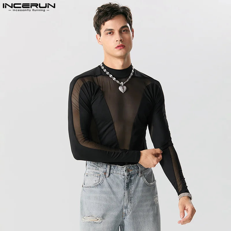 2023 Men Bodysuits Mesh Patchwork Transparent Turtleneck Long Sleeve Rompers Male T Shirt Streetwear Fashion Bodysuit INCERUN