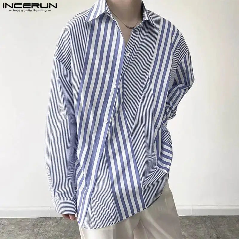 INCERUN Tops 2023 Korean Style New Men's Striped Patchwork Design Shirts Casual Streetwear Male Long Sleeved Lapel Blouse S-5XL