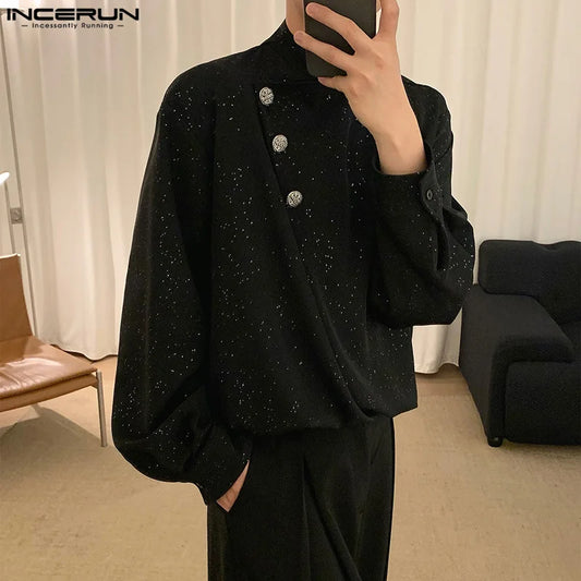 Fashion Well Fitting Tops INCERUN 2024 Mens Sparkling Pile Collar Slanted Placket Design Shirts Casual Long Sleeved Blouse S-5XL