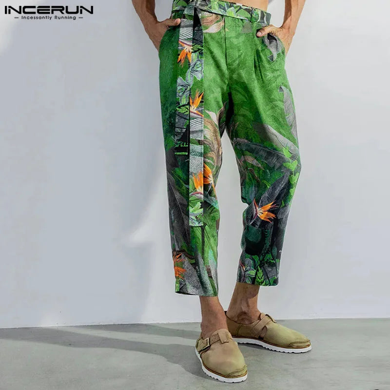 INCERUN 2024 American Style Trousers Fashion Men Floral Print Pants Casual Streetwear Male Hot Sale Straight Leg Pantalons S-5XL