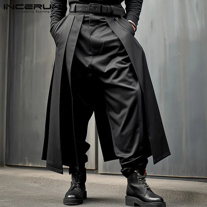 INCERUN Men Irregular Pants Solid Color Joggers Loose Button Pleated Casual Wide Leg Trousers Men Streetwear 2024 Fashion Pants