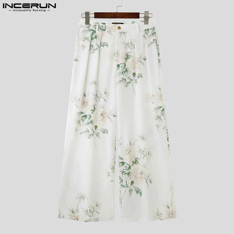 INCERUN 2023 American Style Men's Trousers Fashion Floral Print Design Long Pants Casual Streetwear Straight Leg Pantalons S-5XL