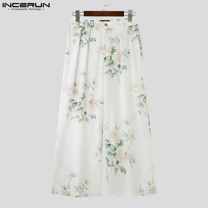 INCERUN 2023 Herrenhose im amerikanischen Stil, modisches Blumendruck-Design, lange Hosen, lässige Streetwear, gerade Beinpantalons, S-5XL