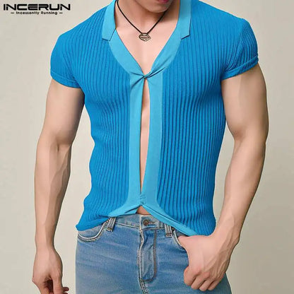 INCERUN Tops 2024 Stylish New Men's Center Hollowed Patchwork Striped T-shirts Leisure Solid V-neck Short Sleeved Camiseta S-2XL