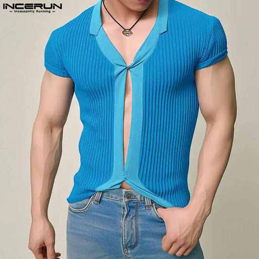 INCERUN Tops 2024 Stylish New Men's Center Hollowed Patchwork Striped T-shirts Leisure Solid V-neck Short Sleeved Camiseta S-2XL