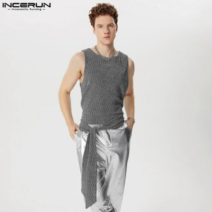 Stylish Well Fitting Tops INCERUN Men's Sparkling Strap Design Vests Sexy Casual Male Cropped Pleated Sleeveless Tank Tops S-5XL