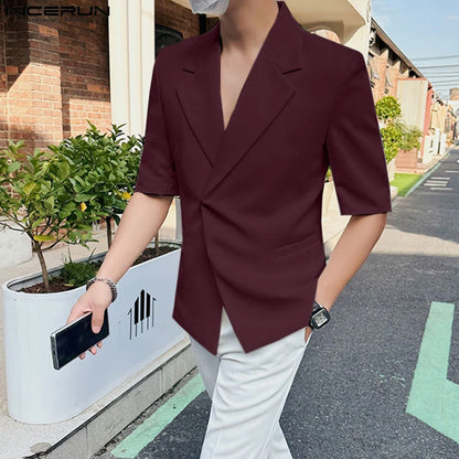 INCERUN Tops 2024 Koreanische Styke Hübscher Herren Solide Seite Schnalle Design Blazer Casual Einfache Männliche Kurzarm Anzug Mäntel S-5XL