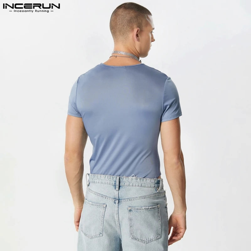 INCERUN 2023 Sexy Style Nouveaux Hommes Combinaisons À Manches Courtes Solide Confortable Bodys Mode O-cou Conception Triangle Barboteuses S-5XL