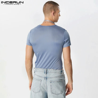 INCERUN 2023 Sexy Stil Neue Männer Overalls Kurzarm Solide Komfortable Bodys Mode Oansatz Design Dreieck Strampler S-5XL