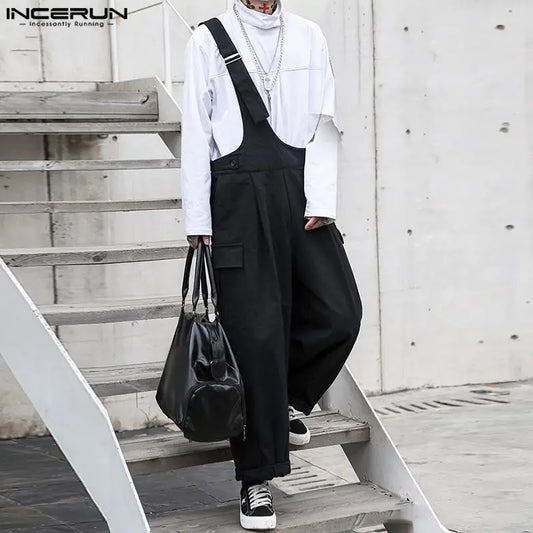 INCERUN 2023 Korean Style Men's Jumpsuits One Shoulder Design Solid Jumpsuits Casual Street Personalized All-match Rompers S-5XL