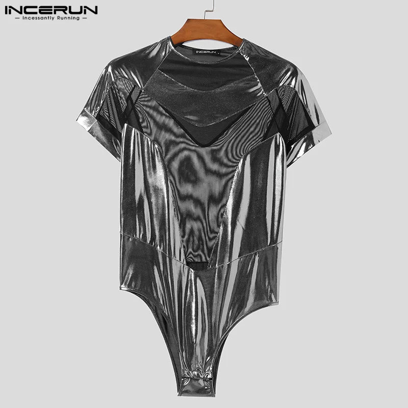 INCERUN 2024 Sexy Casual Herren Loungewear Flash Splicing Mesh Design Bodysuits Stilvolle Kurzarm-Dreieck-Overalls für Männer S-3XL