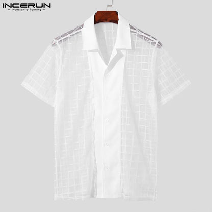 INCERUN Tops 2024 American Style Sexy New Mens Checkered Mesh Perspective Shirts Casual Hot Sale Thin Short Sleeved Blouse S-5XL