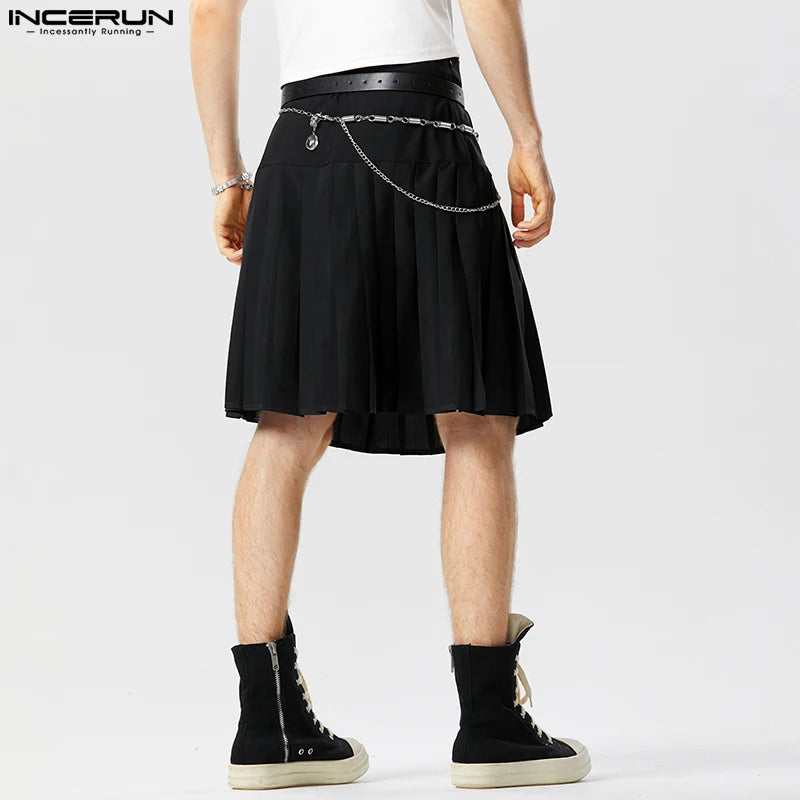 2023 Men Skirts Solid Color Shorts Zipper Pleated Fashion Men Bottoms Summer Streetwear Personality Unisex Skirts S-5XL INCERUN