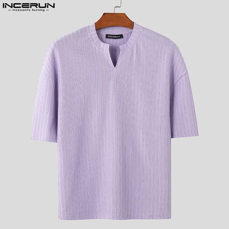 INCERUN Tops 2024 Beau T-shirt à manches courtes pour homme, simple, col en V, rayé, décontracté, streetwear, S-5XL