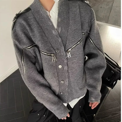 HOUZHOU Harajuku Double Zipper Knitted Cardigan Men Vintage Loose Knitted Sweater Punk Hip Hop Retro Design Jumpers Jacket