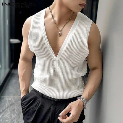 INCERUN Tops 2024 Korean Style Men Deep V Vertical Stripe Knitted Hollow Tank Tops Casual Streetwear Thin Sleeveless Vests S-5XL